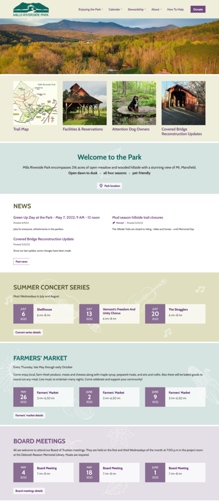 Screenshot of Mills Riverside Park website