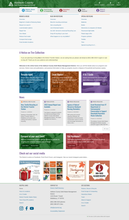 Screenshot of the Addison County Solid Waste Management District website.