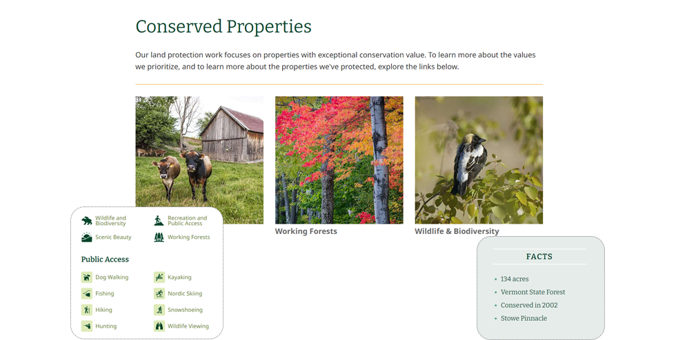 screenshots of land trust featured properties, facts and activities