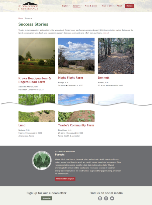 Screenshot of example page for Monadnock Conservancy Success Stories