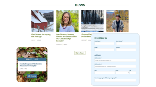 screenshots of Ecopixel’s news, event and registration features for land trusts