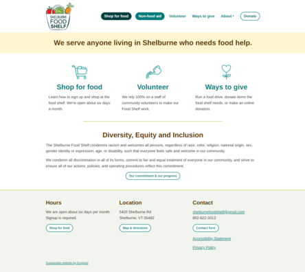 Screenshot of the Shelburne Food Shelf website home page
