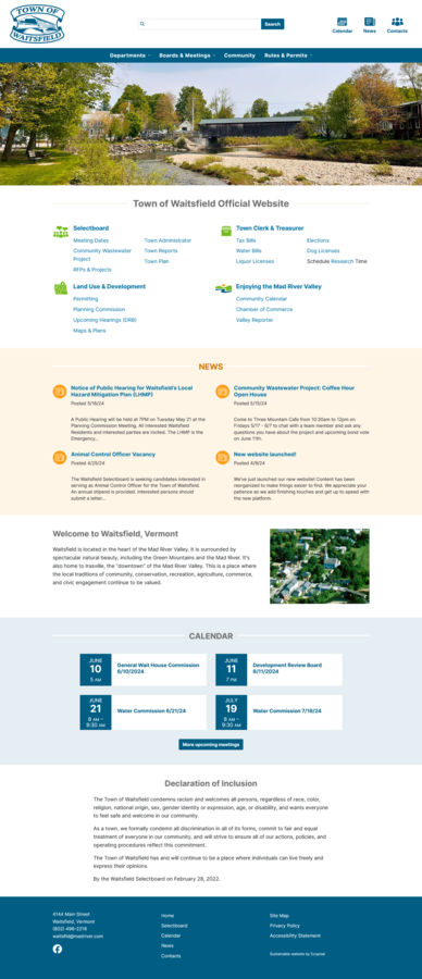 screenshot of the Town of Waitsfield website home page