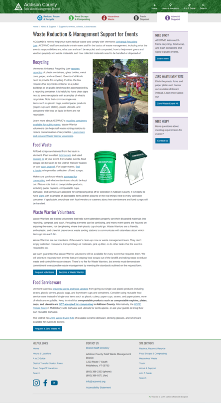 Screenshot of the Addison County Solid Waste Management District website content page