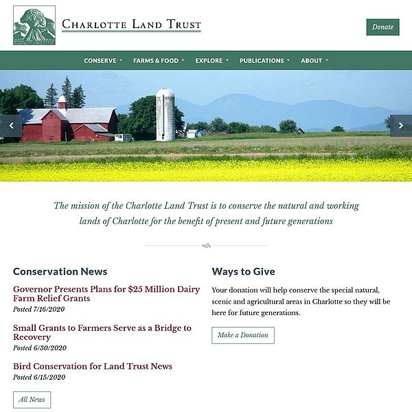 Screenshot of redesigned Charlotte Land Trust website
