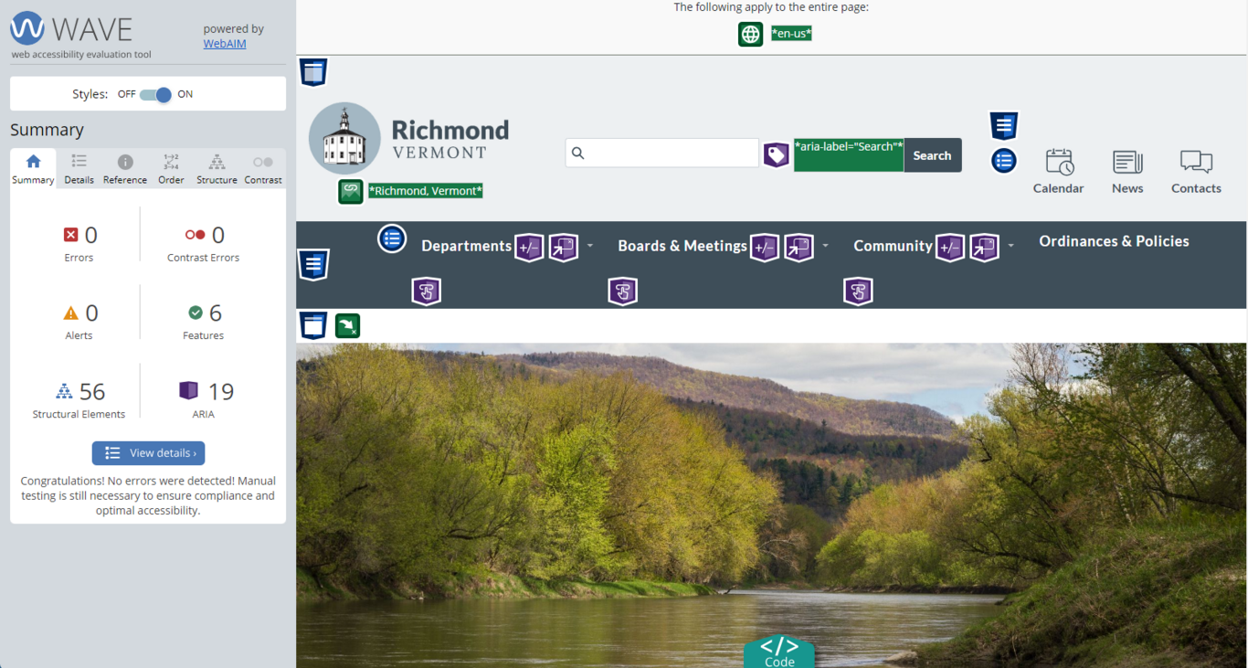 WAVE report of no errors on Richmond, VT homepage