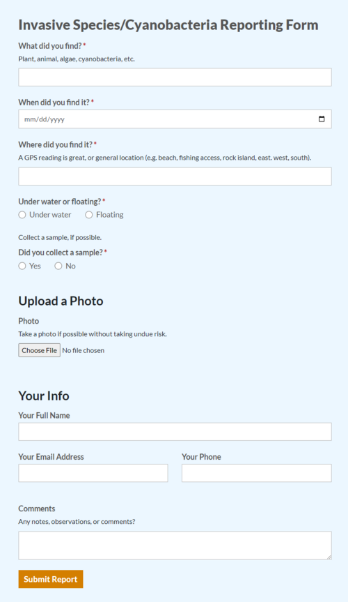 Screenshot of invasive species form example