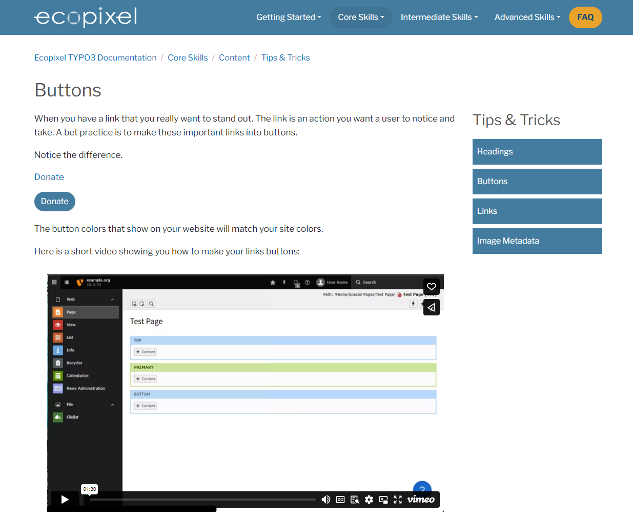 Screenshot of docs site example - help with buttons