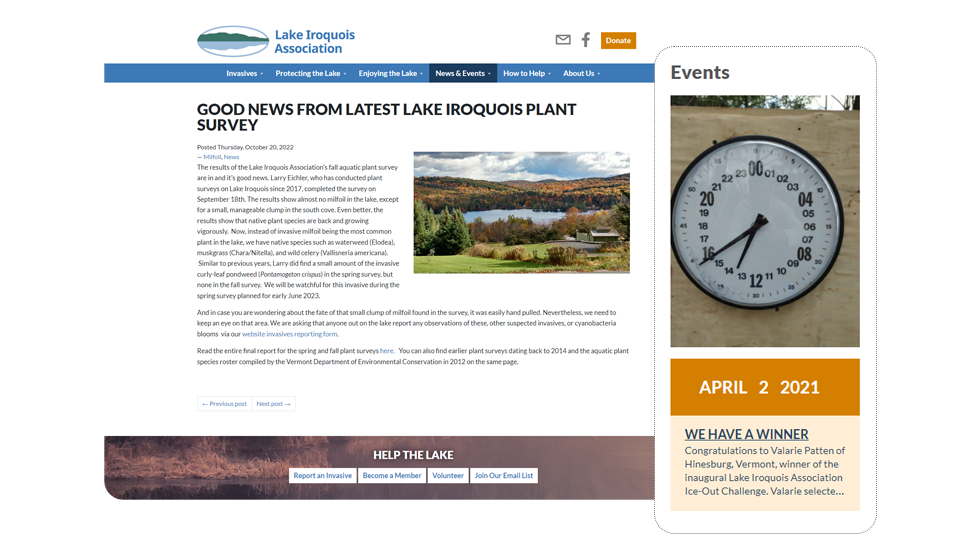 screenshots of Ecopixel’s news, event and registration features for lake associations