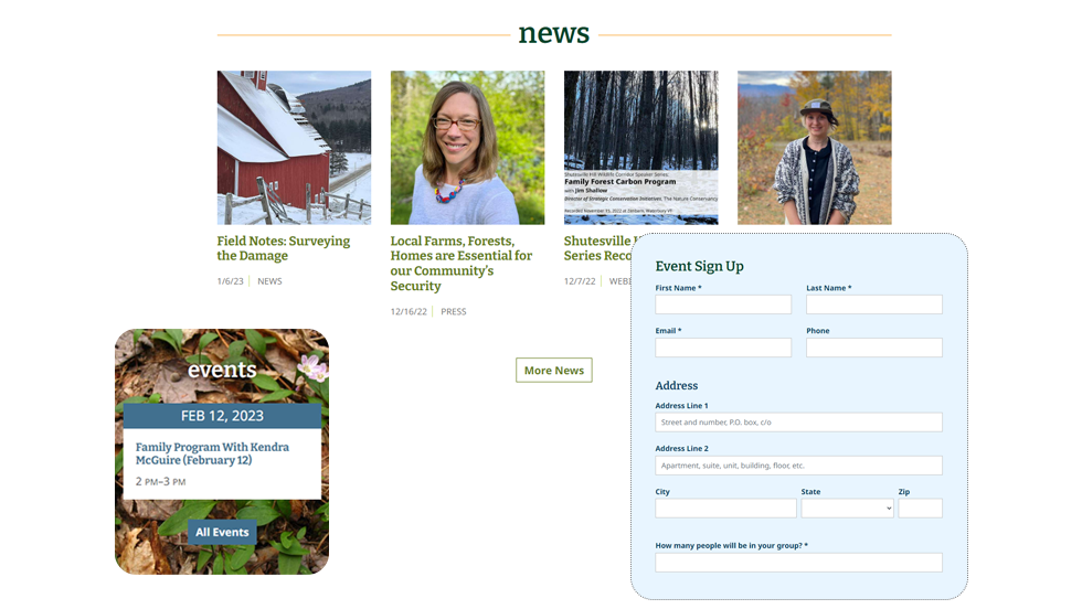 screenshot of news and events featured on nonprofit website