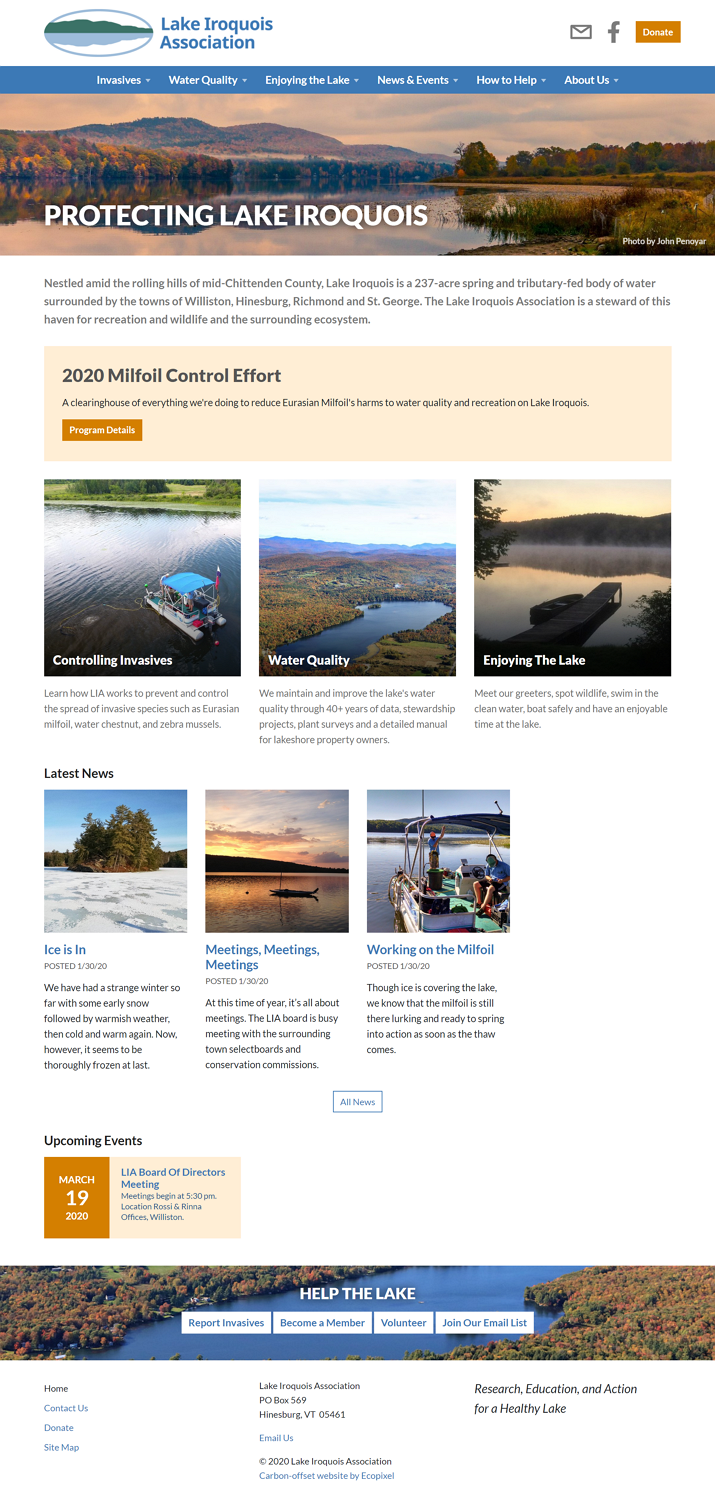 Screenshot of LIA lake association website